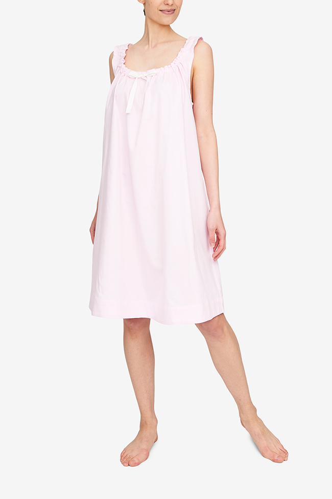 Front view of the knee-length Sleeveless Nightie with a gathered neclkline. The light pink royal oxford cotton is lightweight and hangs beautifully.