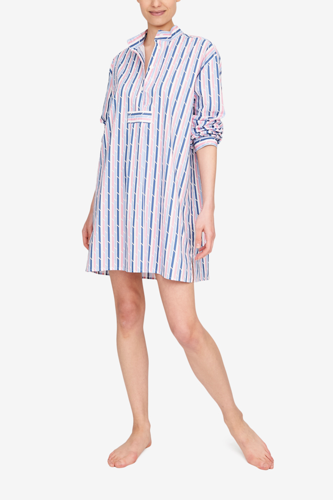 TheShort Sleep Shirt shown here in our new Blue & Pink Trio Stripe. The model has the sleeves scrunched up to her elbows and the first 2 or 3 buttons undone for a relaxed look. 