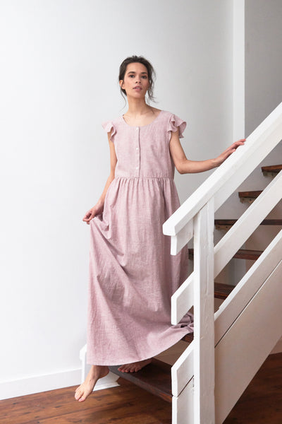 Long Flounce Sleeve Dress Blush Linen