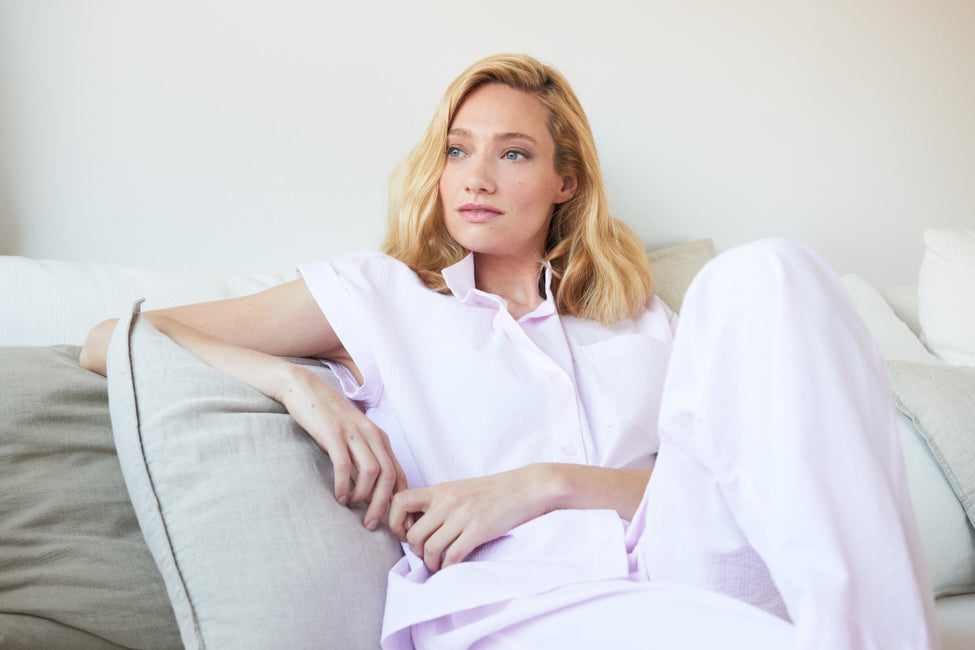 Set - Cuffed Sleeve Shirt and Lounge Pant Pink Seersucker