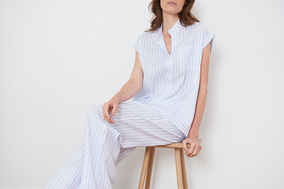 Cuffed Sleeve Shirt Pale Blue Linen Stripe