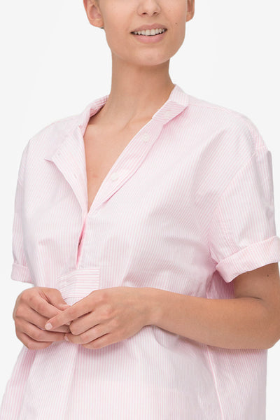 front closeup view tshirt pink oxford stripe cotton by the Sleep Shirt