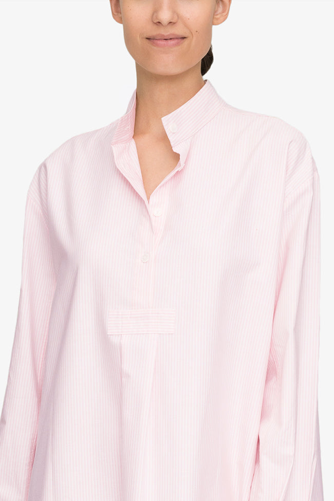 front view classic long sleep shirt pink oxford stripe cotton by the Sleep Shirt