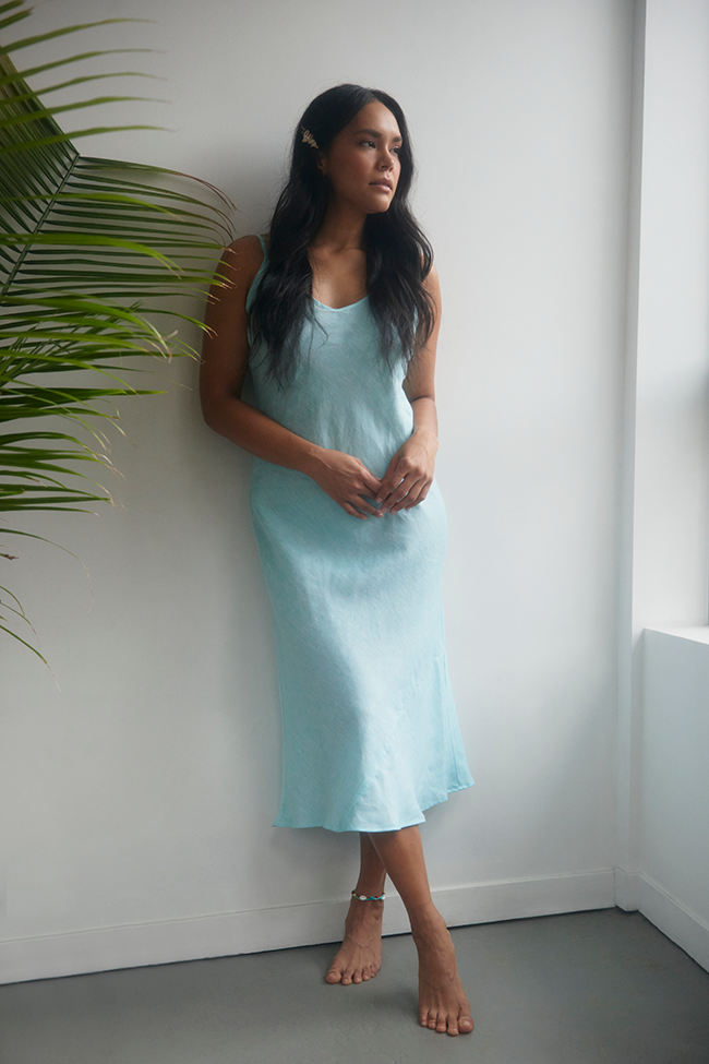 Long Slip Dress Turquoise Linen