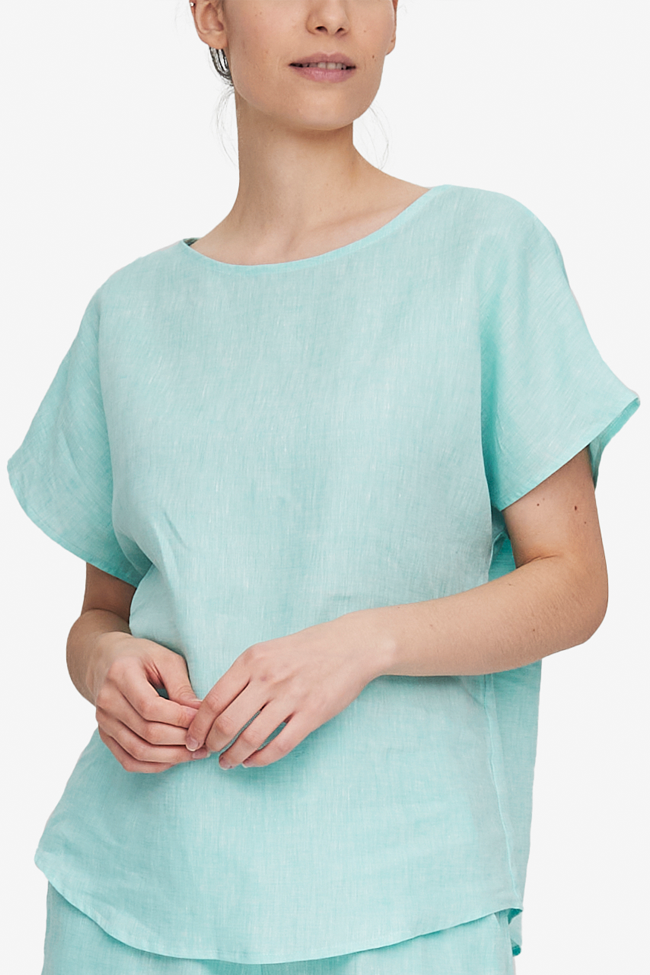 Set - Woven T-shirt and Curved Hem Short Turquoise Linen