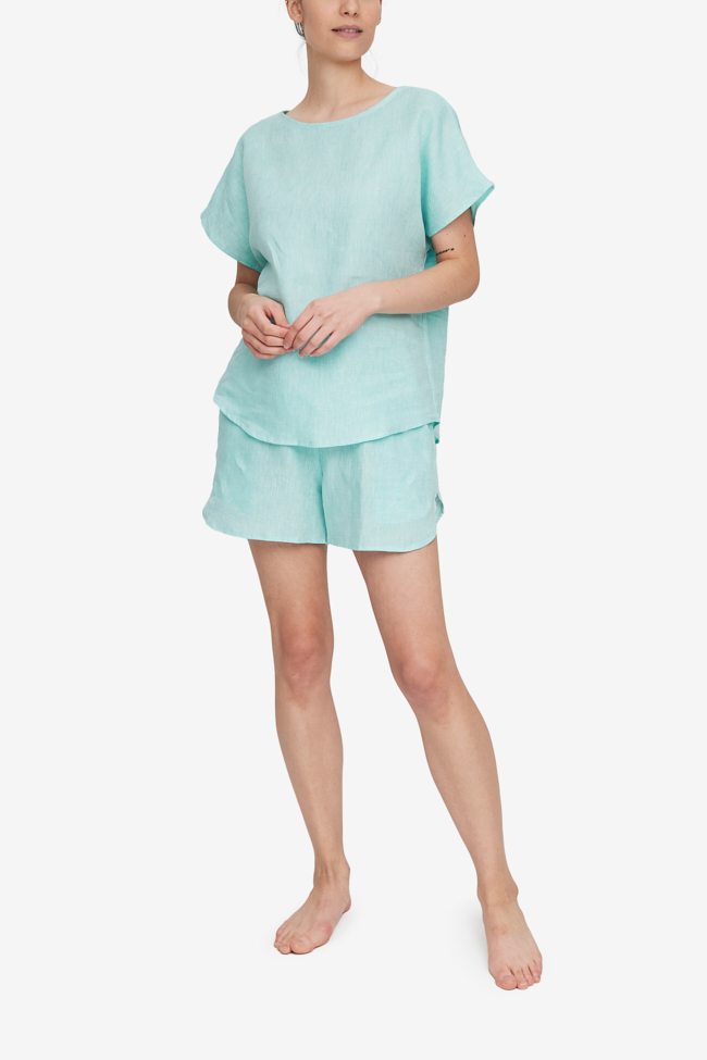 Set - Woven T-shirt and Curved Hem Short Turquoise Linen