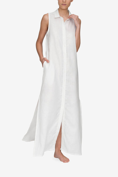 front view of the sleeveless full length white linen sleep shirt by The Sleep Shirt