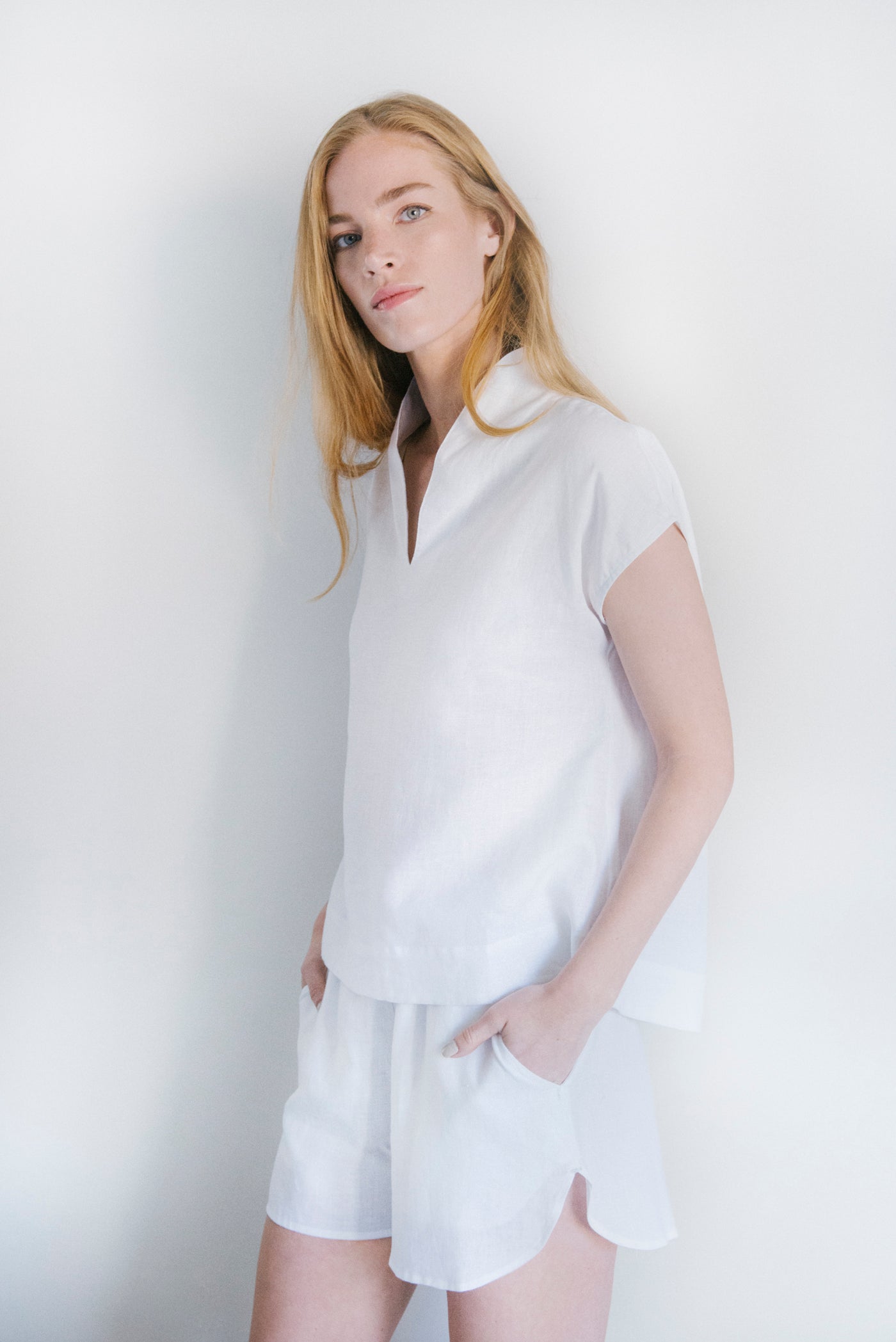 Shawl Collar Top White Linen