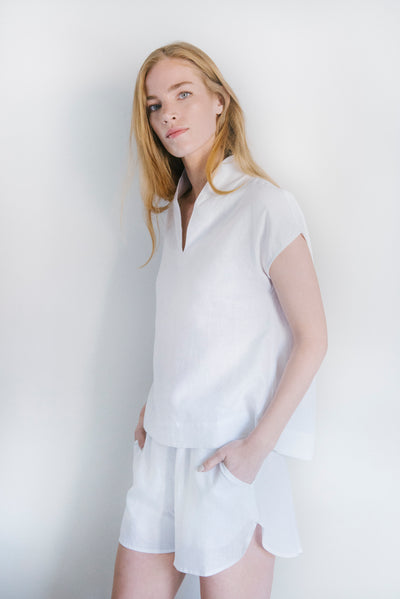 Shawl Collar Top White Linen