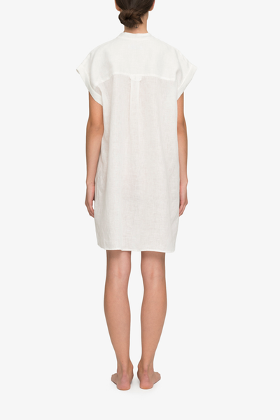 back view knee length button down tshirt with pockets in white linen by the Sleep Shirt