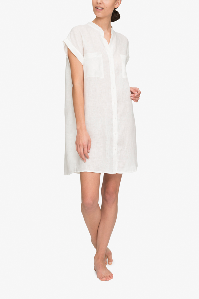 front view knee length button down tshirt with pockets in white linen by the Sleep Shirt