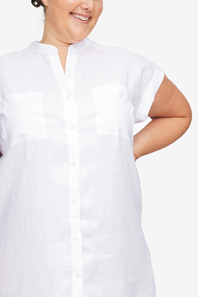 Two Pocket Sleep Shirt White Linen PLUS