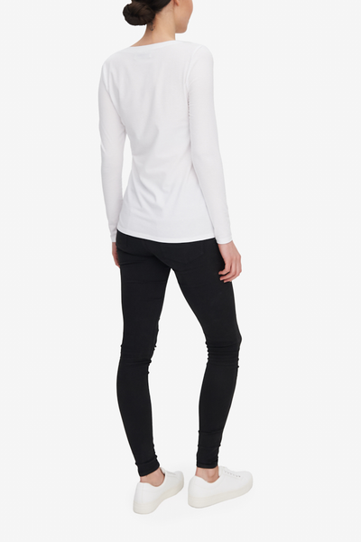 Long Sleeve Scoop Neck T-Shirt White Stretch Jersey