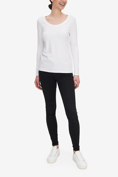 Long Sleeve Scoop Neck T-Shirt White Stretch Jersey