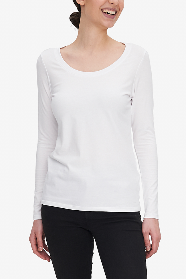 Long Sleeve Scoop Neck T-Shirt White Stretch Jersey
