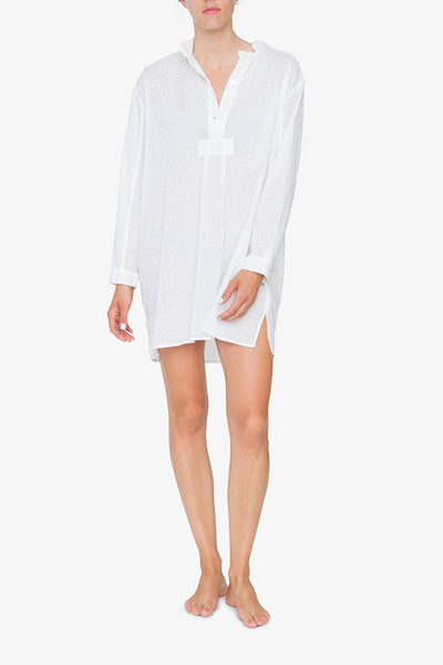 front view short sleep shirt white swiss dot cotton by the Sleep Shirt